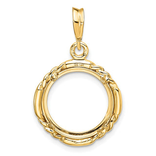 14k Yellow Gold 14mm Quadruple Twist & Bright Prong Coin Bezel Pendant - Fits 1/20 oz Maple Leaf and Other Coins