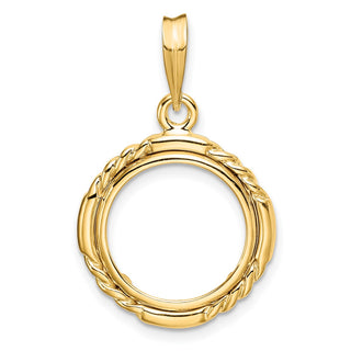 14k Yellow Gold 14mm Quadruple Twist & Bright Prong Coin Bezel Pendant - Fits 1/20 oz Maple Leaf and Other Coins