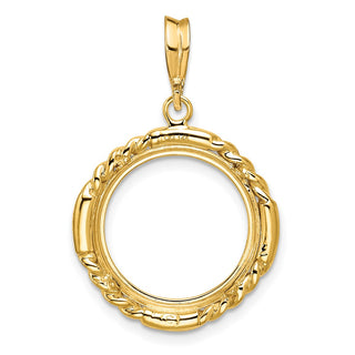 14k Yellow Gold 15mm Quadruple Twist & Bright Prong Coin Bezel Pendant - Fits US $1 Type 2