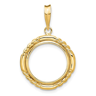 14k Yellow Gold 15mm Quadruple Twist & Bright Prong Coin Bezel Pendant - Fits US $1 Type 2