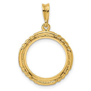 14k Yellow Gold 16mm Quadruple Twist & Bright Prong Coin Bezel Pendant - Fits 1/10 oz Maple Leaf, Maple Leaf, and Other Coins