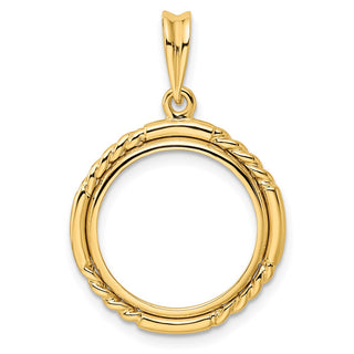 14k Yellow Gold 16mm Quadruple Twist & Bright Prong Coin Bezel Pendant - Fits 1/10 oz Maple Leaf, Maple Leaf, and Other Coins