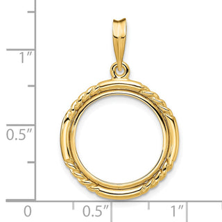14k Yellow Gold 16.5mm Quadruple Twist & Bright Prong Coin Bezel Pendant - Fits 1/10 oz American Eagle and 1/10 oz Krugerrand