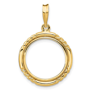 14k Yellow Gold 16.5mm Quadruple Twist & Bright Prong Coin Bezel Pendant - Fits 1/10 oz American Eagle and 1/10 oz Krugerrand