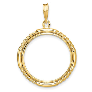 14k Yellow Gold 22mm Quadruple Twist & Bright Prong Coin Bezel Pendant - Fits 1/4 oz American Eagle and Other Coins