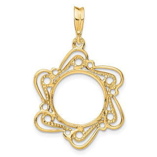 14k Yellow Gold Polished Curved Scroll 13mm Prong Coin Bezel Pendant - Fits 2 Pesos and US $1