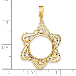 14k Yellow Gold Polished Curved Scroll 13mm Prong Coin Bezel Pendant - Fits 2 Pesos and US $1
