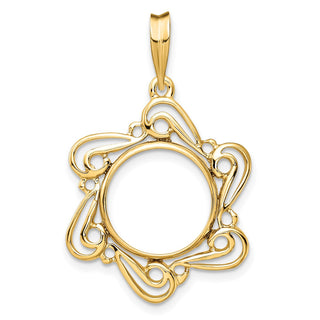 14k Yellow Gold Polished Curved Scroll 13mm Prong Coin Bezel Pendant - Fits 2 Pesos and US $1