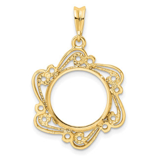 14k Yellow Gold Polished Curved Scroll 15mm Prong Coin Bezel Pendant - Fits US $1 Type 2