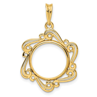 14k Yellow Gold Polished Curved Scroll 15mm Prong Coin Bezel Pendant - Fits US $1 Type 2