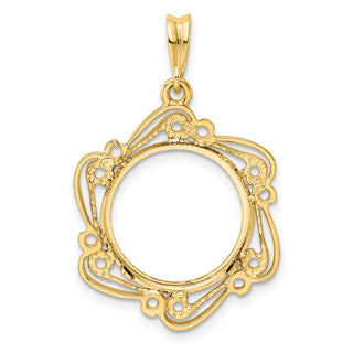 14k Yellow Gold Polished Curved Scroll 16mm Prong Coin Bezel Pendant - Fits 1/10 oz Maple Leaf, Maple Leaf, and Other Coins