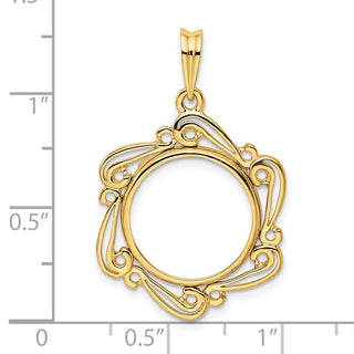 14k Yellow Gold Polished Curved Scroll 16mm Prong Coin Bezel Pendant - Fits 1/10 oz Maple Leaf, Maple Leaf, and Other Coins