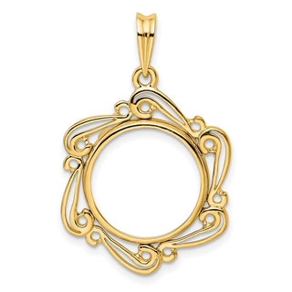 14k Yellow Gold Polished Curved Scroll 16mm Prong Coin Bezel Pendant - Fits 1/10 oz Maple Leaf, Maple Leaf, and Other Coins