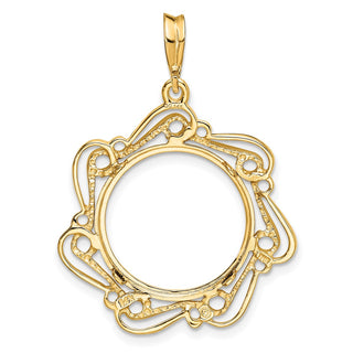 14k Yellow Gold Polished Curved Scroll 16.5mm Prong Coin Bezel Pendant - Fits 1/10 oz American Eagle and 1/10 oz Krugerrand