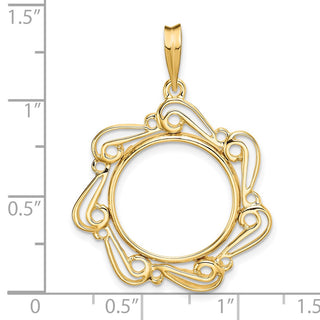 14k Yellow Gold Polished Curved Scroll 16.5mm Prong Coin Bezel Pendant - Fits 1/10 oz American Eagle and 1/10 oz Krugerrand