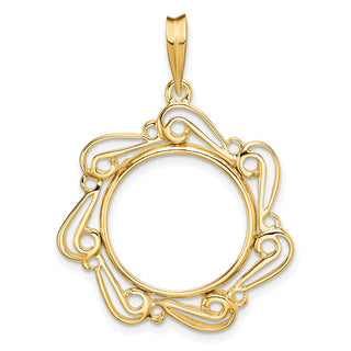 14k Yellow Gold Polished Curved Scroll 16.5mm Prong Coin Bezel Pendant - Fits 1/10 oz American Eagle and 1/10 oz Krugerrand