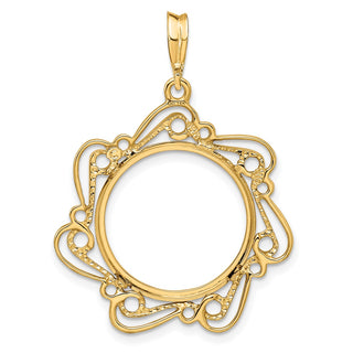 14k Yellow Gold Polished Curved Scroll 17.8mm Prong Coin Bezel Pendant - Fits US $2.50 Liberty and Other Coins