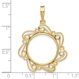 14k Yellow Gold Polished Curved Scroll 17.8mm Prong Coin Bezel Pendant - Fits US $2.50 Liberty and Other Coins