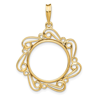14k Yellow Gold Polished Curved Scroll 17.8mm Prong Coin Bezel Pendant - Fits US $2.50 Liberty and Other Coins
