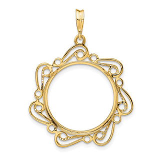 14k Yellow Gold Polished Curved Scroll 20.1mm Prong Coin Bezel Pendant - Fits 1/4 oz. Gold Nugget, and 1/4 oz. Koala