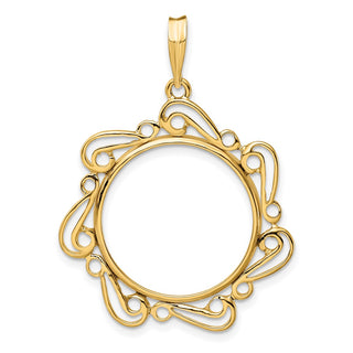 14k Yellow Gold Polished Curved Scroll 20.1mm Prong Coin Bezel Pendant - Fits 1/4 oz. Gold Nugget, and 1/4 oz. Koala