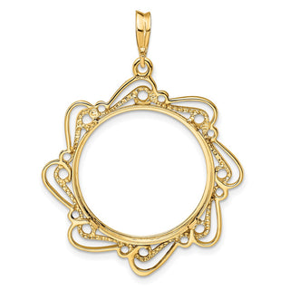 14k Yellow Gold Polished Curved Scroll 21.6mm Prong Coin Bezel Pendant - Fits US $5 Bald Eagle and US $5 Congressional