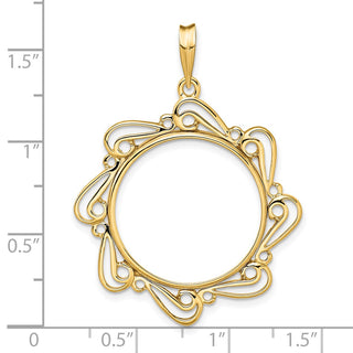 14k Yellow Gold Polished Curved Scroll 21.6mm Prong Coin Bezel Pendant - Fits US $5 Bald Eagle and US $5 Congressional