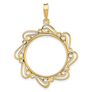 14k Yellow Gold Polished Curved Scroll 21.6mm Prong Coin Bezel Pendant - Fits US $5 Bald Eagle and US $5 Congressional