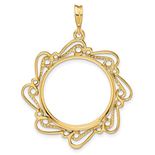 14k Yellow Gold Polished Curved Scroll 22mm Prong Coin Bezel Pendant - Fits 1/4 oz American Eagle and Other Coins