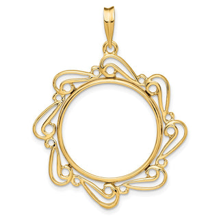 14k Yellow Gold Polished Curved Scroll 22mm Prong Coin Bezel Pendant - Fits 1/4 oz American Eagle and Other Coins