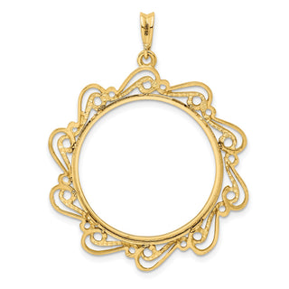 14k Yellow Gold Polished Curved Scroll 27mm Prong Coin Bezel Pendant - Fits 1/2 oz American Eagle, US $10 Liberty, and Other Coins