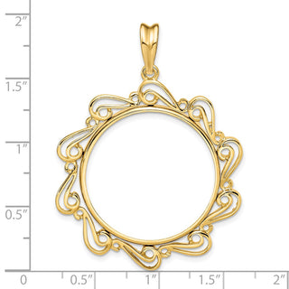 14k Yellow Gold Polished Curved Scroll 27mm Prong Coin Bezel Pendant - Fits 1/2 oz American Eagle, US $10 Liberty, and Other Coins