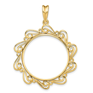 14k Yellow Gold Polished Curved Scroll 27mm Prong Coin Bezel Pendant - Fits 1/2 oz American Eagle, US $10 Liberty, and Other Coins