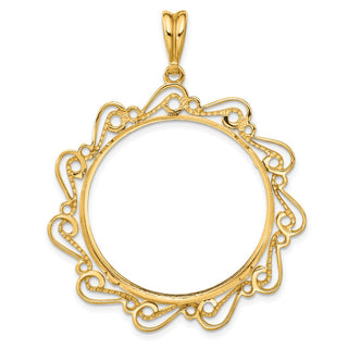 14k Yellow Gold Polished Curved Scroll 30mm Prong Coin Bezel Pendant - Fits 1 oz Maple Leaf and 1/2 oz Cat