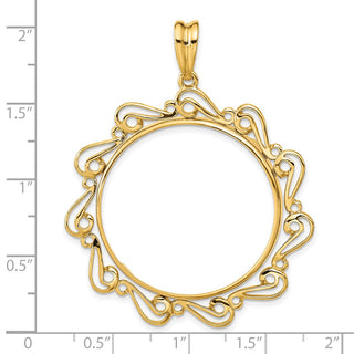 14k Yellow Gold Polished Curved Scroll 30mm Prong Coin Bezel Pendant - Fits 1 oz Maple Leaf and 1/2 oz Cat