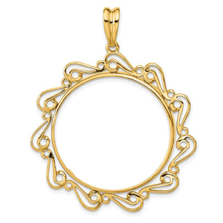 14k Yellow Gold Polished Curved Scroll 30mm Prong Coin Bezel Pendant - Fits 1 oz Maple Leaf and 1/2 oz Cat