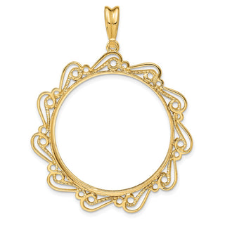 14k Yellow Gold Polished Curved Scroll 32.7mm Prong Coin Bezel Pendant - Fits 1 oz American Eagle, 1 oz Cat, and 1 oz Krugerrand