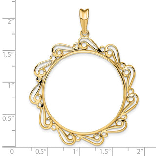 14k Yellow Gold Polished Curved Scroll 32.7mm Prong Coin Bezel Pendant - Fits 1 oz American Eagle, 1 oz Cat, and 1 oz Krugerrand