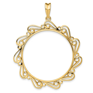 14k Yellow Gold Polished Curved Scroll 32.7mm Prong Coin Bezel Pendant - Fits 1 oz American Eagle, 1 oz Cat, and 1 oz Krugerrand