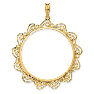 14k Yellow Gold Polished Curved Scroll 37mm Prong Coin Bezel Pendant - Fits 50 Pesos and Centenario