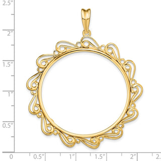 14k Yellow Gold Polished Curved Scroll 37mm Prong Coin Bezel Pendant - Fits 50 Pesos and Centenario