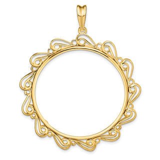 14k Yellow Gold Polished Curved Scroll 37mm Prong Coin Bezel Pendant - Fits 50 Pesos and Centenario