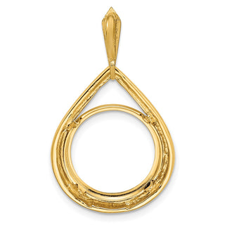 14k Yellow Gold 14mm Polished Teardrop Shaped Prong Coin Bezel Pendant - Fits 1/20 oz Maple Leaf and Other Coins