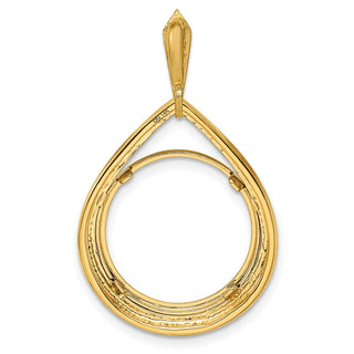 14k Yellow Gold 16mm Polished Teardrop Shaped Prong Coin Bezel Pendant - Fits 1/10 oz Maple Leaf, Maple Leaf, and Other Coins