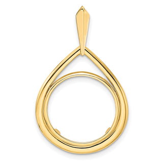 14k Yellow Gold 16mm Polished Teardrop Shaped Prong Coin Bezel Pendant - Fits 1/10 oz Maple Leaf, Maple Leaf, and Other Coins