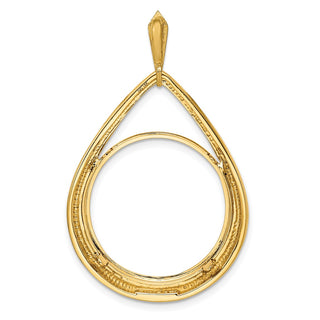 14k Yellow Gold 21.6mm Polished Teardrop Shaped Prong Coin Bezel Pendant - Fits US $5 Bald Eagle, US $5 Congressional, US $5 Liberty, and Other Coins