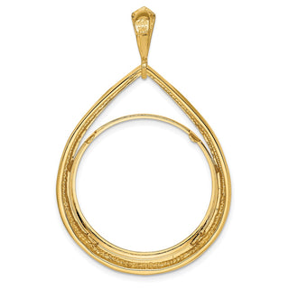 14k Yellow Gold 27mm Polished Teardrop Shaped Prong Coin Bezel Pendant - Fits 1/2 oz American Eagle, US $10 Liberty, and Other Coins