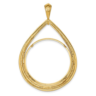 14k Yellow Gold 30mm Polished Teardrop Shaped Prong Coin Bezel Pendant - Fits 1 oz Maple Leaf and 1/2 oz Cat