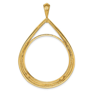 14k Yellow Gold 32.7mm Polished Teardrop Shaped Prong Coin Bezel Pendant - Fits 1 oz American Eagle, 1 oz Cat, and 1 oz Krugerrand