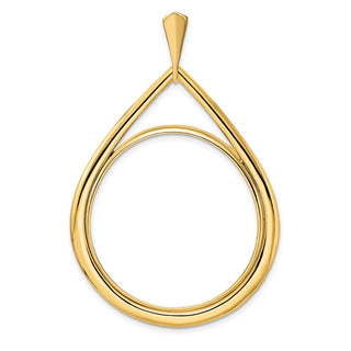 14k Yellow Gold 32.7mm Polished Teardrop Shaped Prong Coin Bezel Pendant - Fits 1 oz American Eagle, 1 oz Cat, and 1 oz Krugerrand